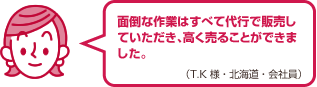 面倒な作業はすべて代行で販売していただき、高く売ることができました。（T.K様・北海道・会社員）