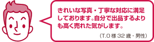 きれいな写真・丁寧な対応に満足しております。自分で出品するよりも高く売れた気がします。(T.O様 32歳・男性)