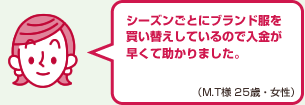 シーズンごとにブランド服を買い替えしているので入金が早くて助かりました。（M.T様 25歳・女性）