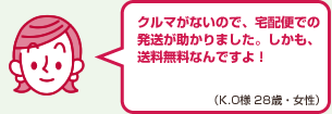 クルマがないので、宅配便での発送が助かりました。しかも、送料無料なんですよ！（K.O様 28歳・女性）