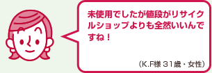 未使用でしたが値段がリサイクルショップよりも全然いいんですね！（K.F様 31歳・女性）